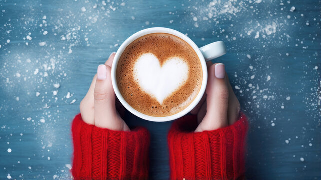 Female hands holding a cup of coffee with foam on blue background. Top view of a table in a cafe. Warm time in autumn. Hot coffee with a heart. (top view), generative ai
