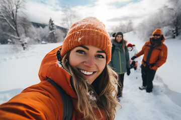 Fototapeta na wymiar selfie a young woman in snow mountain