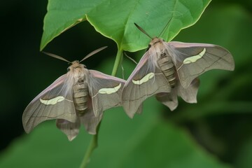 A pair of moths perched on a vibrant green leaf - obrazy, fototapety, plakaty