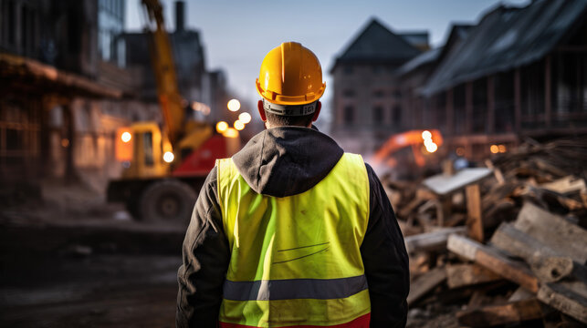 Safety-Focused Construction Worker in Fluorescent Waistcoat at Site - Occupational Safety and Health (OSH)