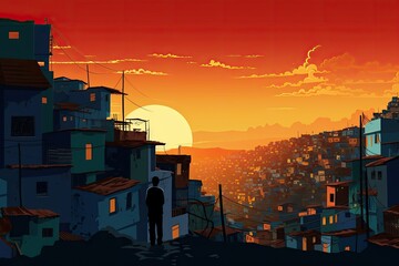 favela landscape at sunset illustration