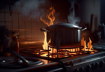 Fire gas burn is cooking on iron pan,stir fire very hot - obrazy, fototapety, plakaty