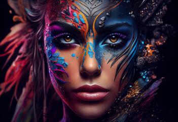Woman's face painted with bright colors