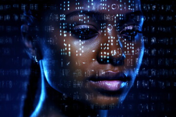 woman face with digital matrix numbers. Artificial intelligence. AI theme with a female human face