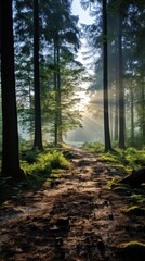 Fototapeta premium Misty forest with sunlight filtering through trees