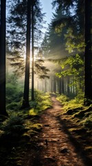 Fototapeta premium Misty forest with sunlight filtering through trees