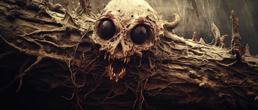 Imaginary carnivorous fungus taking on the shape of a rotting human skeleton skull to lure and devour prey, dangerous swamp of horrors and unspeakable monsters lurk here.