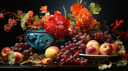 Obraz na płótnie Canvas Still life Illustration, fruit bowl with apples, flowers and grapes, flowers, fruit bowl