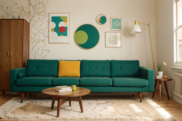 Green loveseat sofa and side tables against of colorful circle patterned wall. Mid century interior design of modern living room