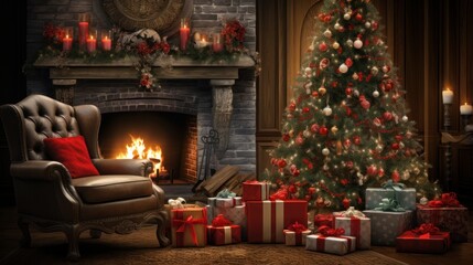 Naklejka na ściany i meble Christmas Scene Imagine a warm and inviting holiday setting with a beautifully decorated Christmas tree surrounded by presents, a comfortable rocking chair, and a crackling fireplace.
