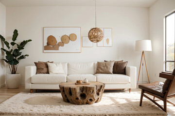 Minimalist style interior design of modern living room, Rustic root ball coffee table near white sofa.