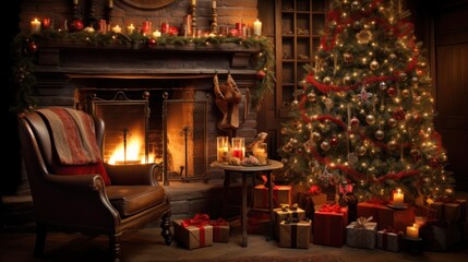 Naklejka premium Christmas Scene Imagine a warm and inviting holiday setting with a beautifully decorated Christmas tree surrounded by presents, a comfortable rocking chair, and a crackling fireplace.