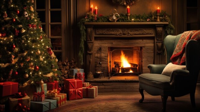 Christmas Scene Imagine a warm and inviting holiday setting with a beautifully decorated Christmas tree surrounded by presents, a comfortable rocking chair, and a crackling fireplace.