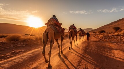 Tourists Delight in Group Camel Rides through the Desert Travel lifestyle 