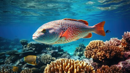 Naklejka na ściany i meble sea fish in red sea near coral reef