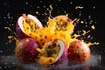 Fresh passionfruit in a splash of water - obrazy, fototapety, plakaty