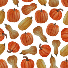 Seamless watercolor hand drawn pattern with ripe organic pumpkins. For halloween thanksgiving design paper textile harvest celebration fall autumn season.