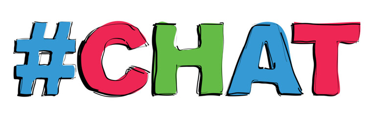 #CHAT. Handwritten curved bright color text. Doodle outline of letters. Hashtag CHAT for social networks, web resources, mobile apps, games, t-shirts.