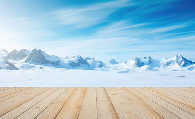 Empty wooden table with Antarctica glacier background. Table with vegetables on top. Table top product display showcase stage. Image ready for montage your text or product. 