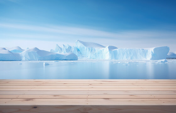 Empty wooden table with Antarctica icebergs background. Table with vegetables on top. Table top product display showcase stage. Image ready for montage your text or product. 
