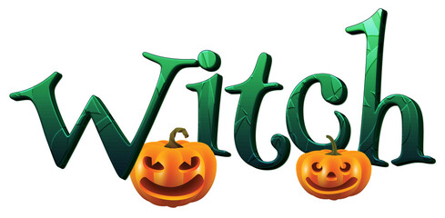 Green Witch word with pumpkins. Halloween theme. Isolated on transparent background. This is a part of a set which includes alphabet letters, numbers, and symbols