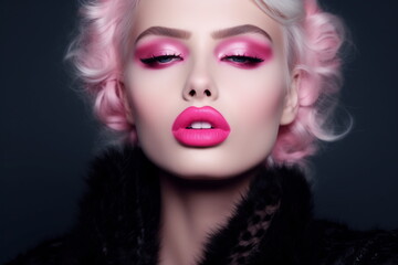 Beautiful woman with vivid makeup. Fashion model. Pink color palette