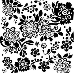 Floral pattern design with leaves, vines and flowers, black and white ornament illustration 