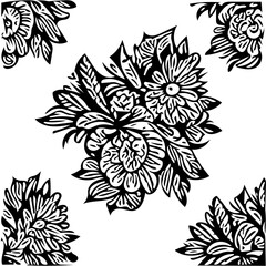 Floral pattern design with leaves, vines and flowers, black and white ornament illustration 