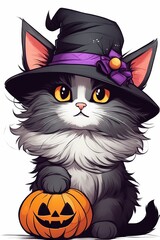 cute pretty detailed cat with halloween hat