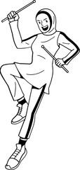 Sporty hijab girl doing poundfit exercise cartoon outline, coloring page