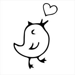 The bird of love. Romantic illustration. The lovesick sparrow sings with hearts. Vector hand-drawn doodles. Template design, sketch, icon, clipart.