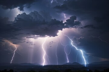 Lightning rays' electrical energy charge thunder in dark night sky