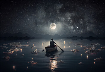night scenery of a man rowing a boat among many glowing moons floating on the sea, digital art...