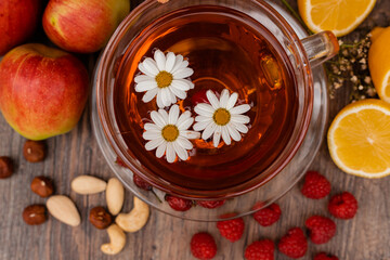 Herbal tea made from rose hips, chamomile and lemons. Fruit tea with vitamins