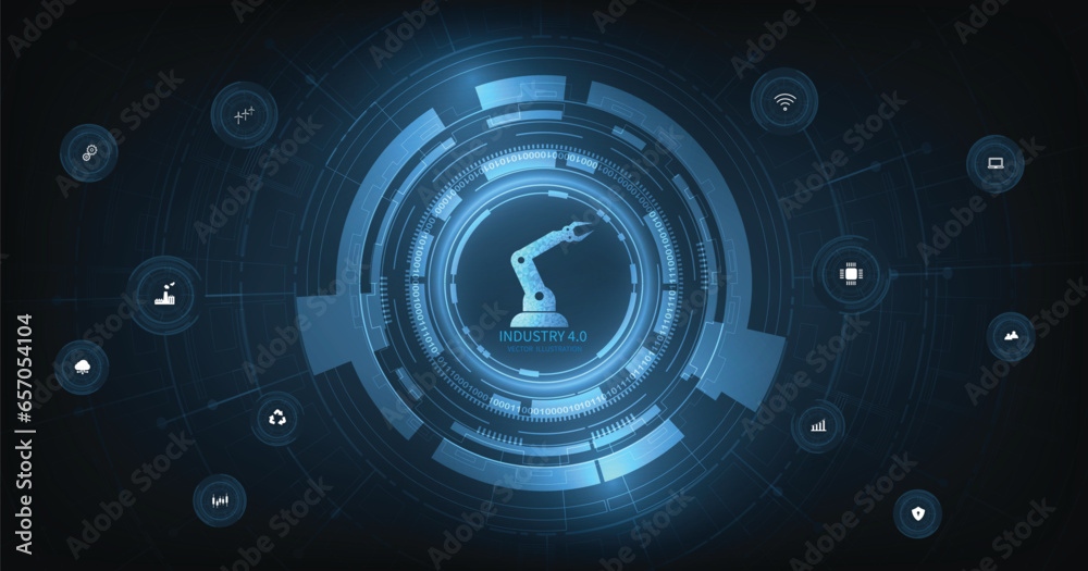 Poster industry 4.0 concept.realistic robotic arm with futuristic elements on a dark blue background. auton