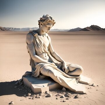 A crumbling marble statue depicts a depressed man in a barren desert