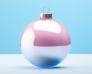 Glossy pink Christmas decoration ball on blue background. Minimal concept of Christmas season and New Year celebration. Pastel calming colors, copy space