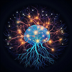 Representation of the human brain in action. Intricate neural pathways light up with vibrant colors. Created using generative AI