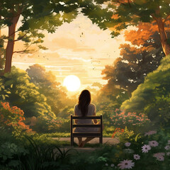 A serene Mental Health Awareness scene in a peaceful garden. Created using generative AI