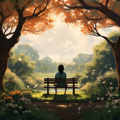 A serene Mental Health Awareness scene in a peaceful garden. Created using generative AI