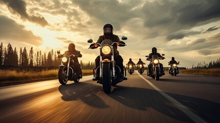 Group of cruiser-chopper motorcycle riders - obrazy, fototapety, plakaty