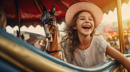 Fototapeta na wymiar Excited Young Girl on Colorful Carousel - Fun at Amusement Park