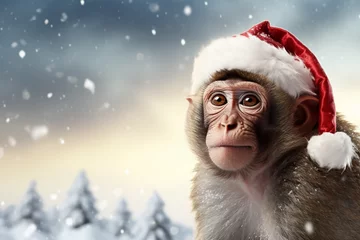 Zelfklevend Fotobehang cute monkey wearing santa claus hat snow background © Salawati