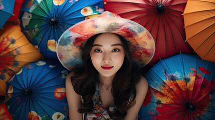 Beautiful Chinese girl wearing a hat sits in the middle of colorful umbrellas.