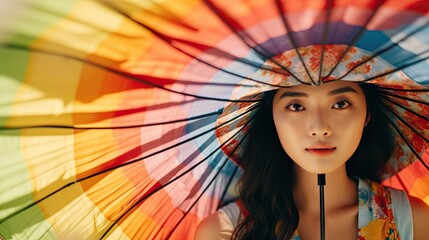 Beautiful Chinese girl wearing a hat sits in the middle of colorful umbrellas.