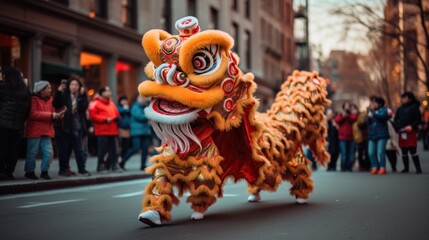dragon and lion dance performance during Chinese New Year parades