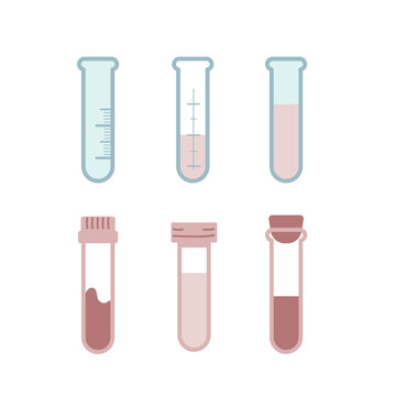 Vector set of various scientific and medical laboratory test tubes. An empty bottle with scale and vials with liquid and blood, tubes with and without a lid. 6 isolated flat minimalism illustrations