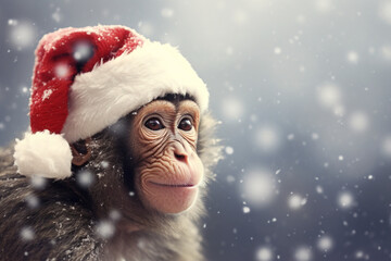 cute monkey wearing santa claus hat snow background - obrazy, fototapety, plakaty