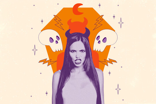 Composite creative photo illustration collage of cruel devil girl with horns aggressively staring at you isolated on drawing background