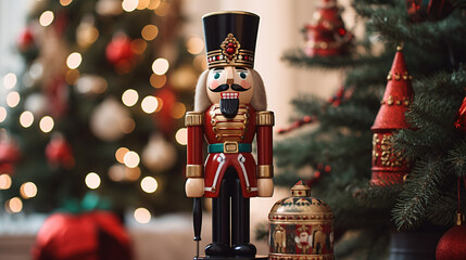 Close up of a Christmas nutcracker. Toy Soldier. Christmas copyspace background - obrazy, fototapety, plakaty